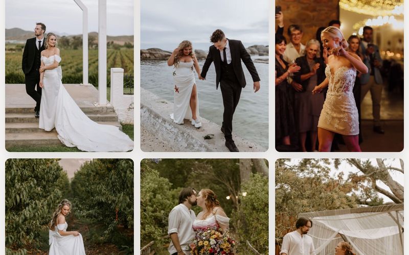 Real weddings photo grid of brides and grooms at vineyards, coastline and evening receptions