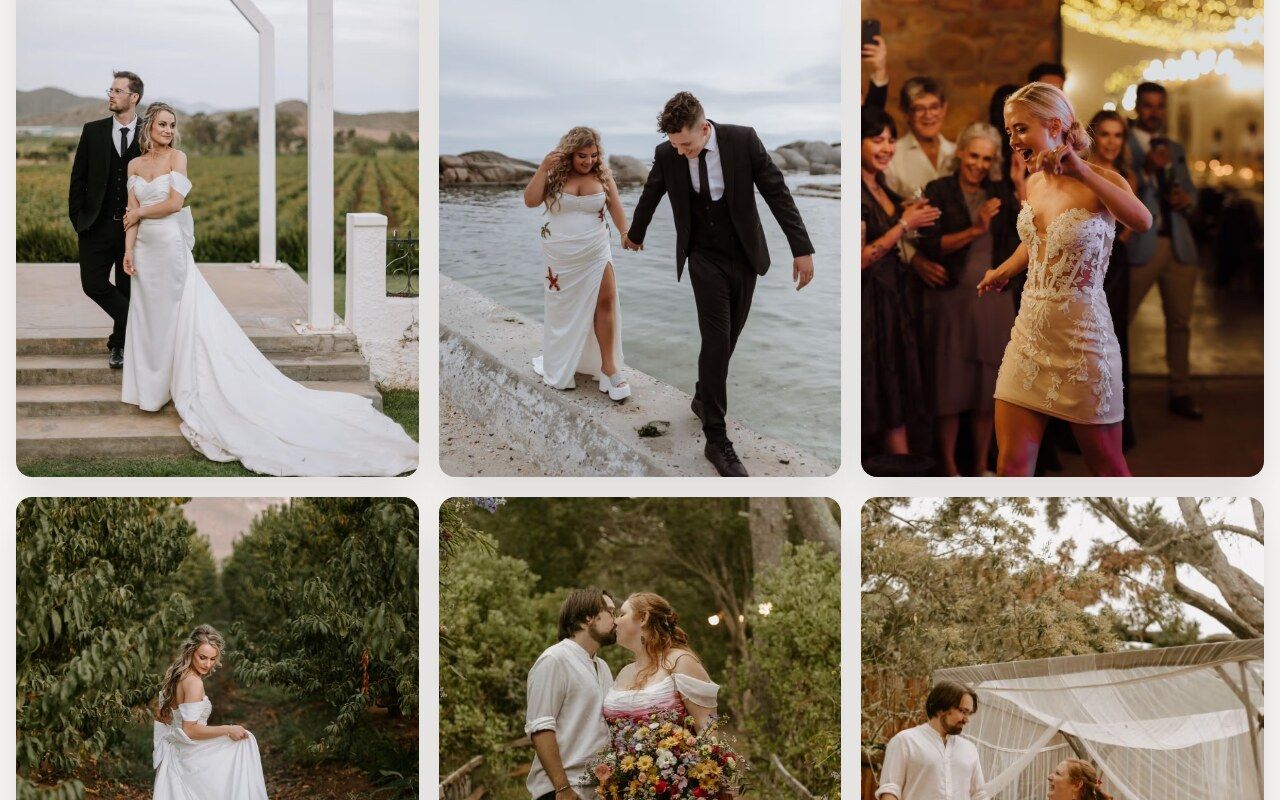 Real weddings photo grid of brides and grooms at vineyards, coastline and evening receptions