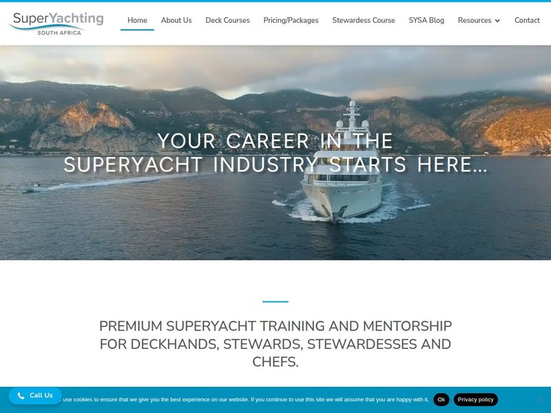 Superyacht career hero above the premium training and mentorship tagline, with cookie notice bar