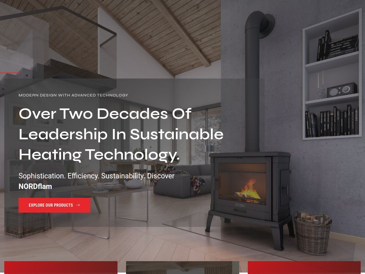 Sustainable heating technology headline over a vaulted living room with a black freestanding stove