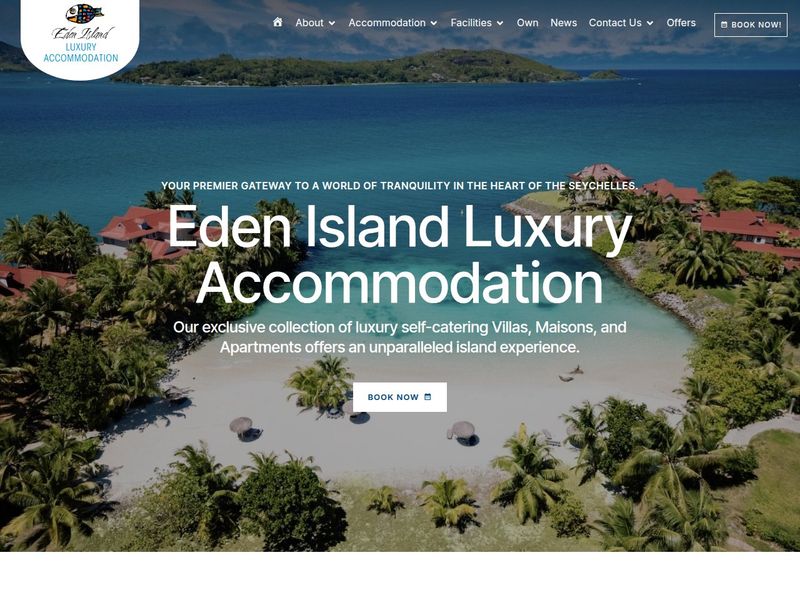 Eden Island Luxury Accommodation headline over a palm-fringed beach with red-roofed villas and booking menu