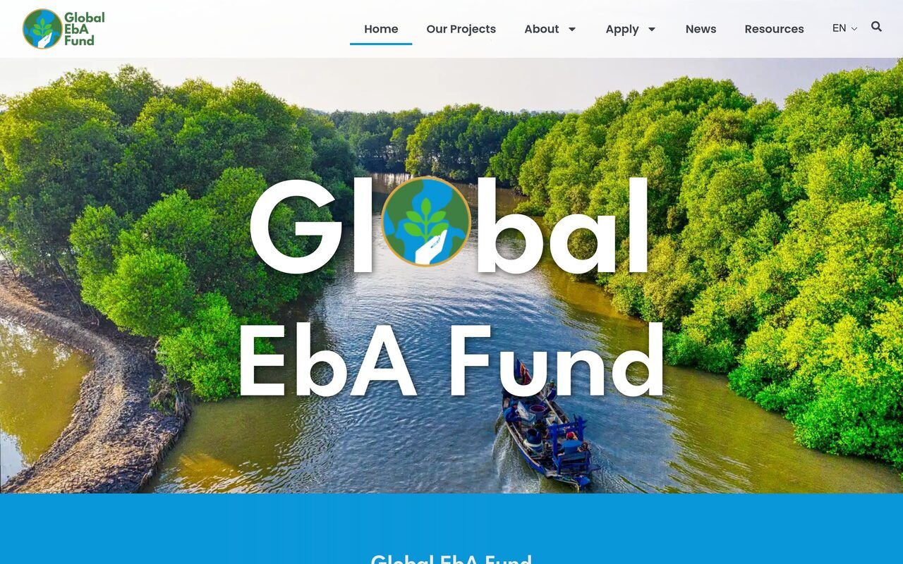 Global EbA Fund homepage hero with the globe logo over an aerial mangrove river
