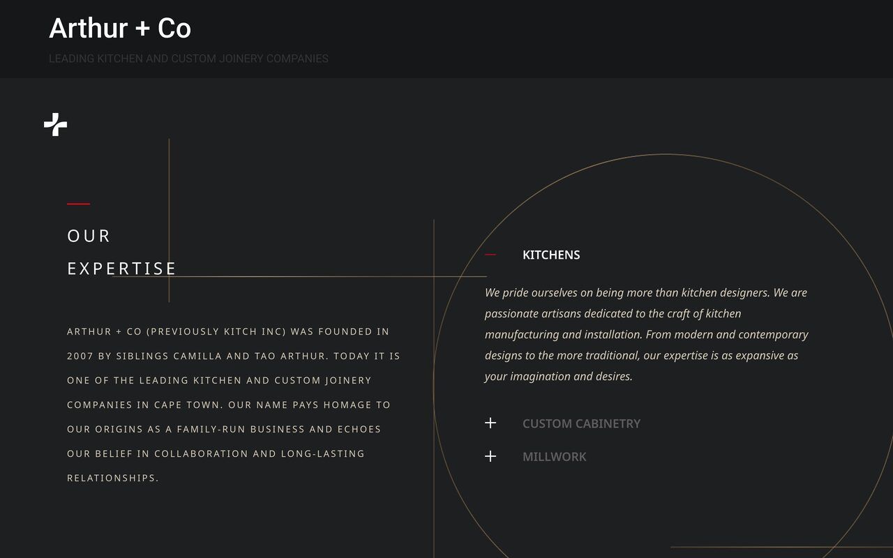 Dark About panel telling the Kitch Inc founding story beside an expanded Kitchens description