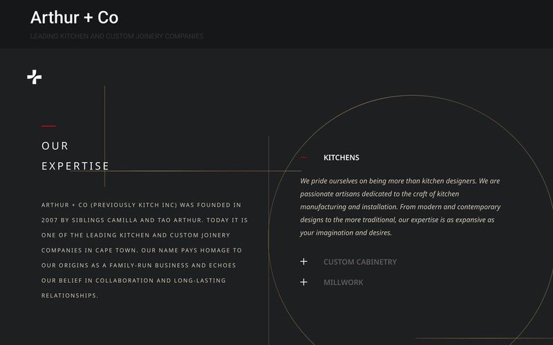 Dark About panel telling the Kitch Inc founding story beside an expanded Kitchens description