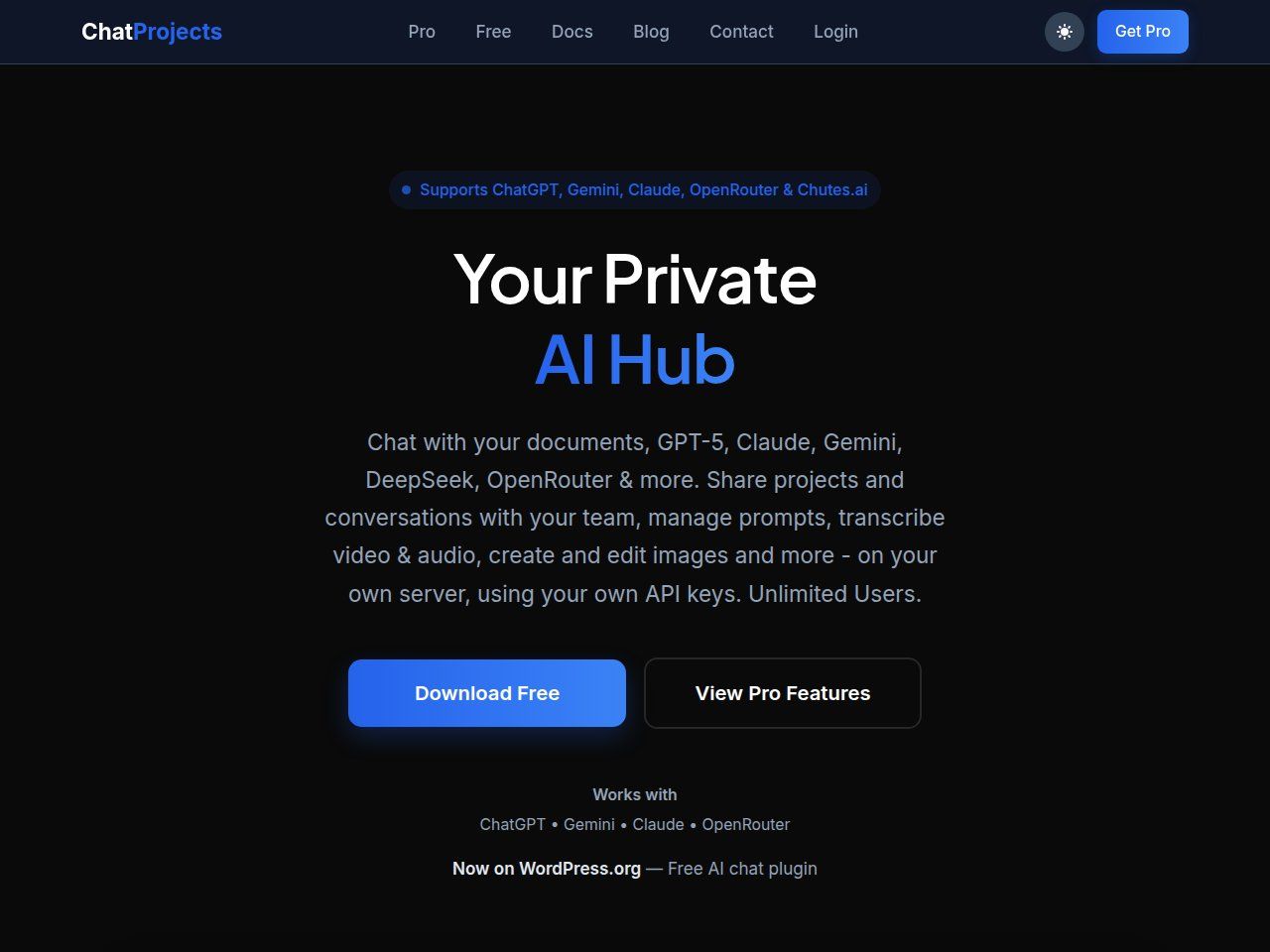 Homepage hero listing supported AI models and noting the free plugin is on WordPress.org