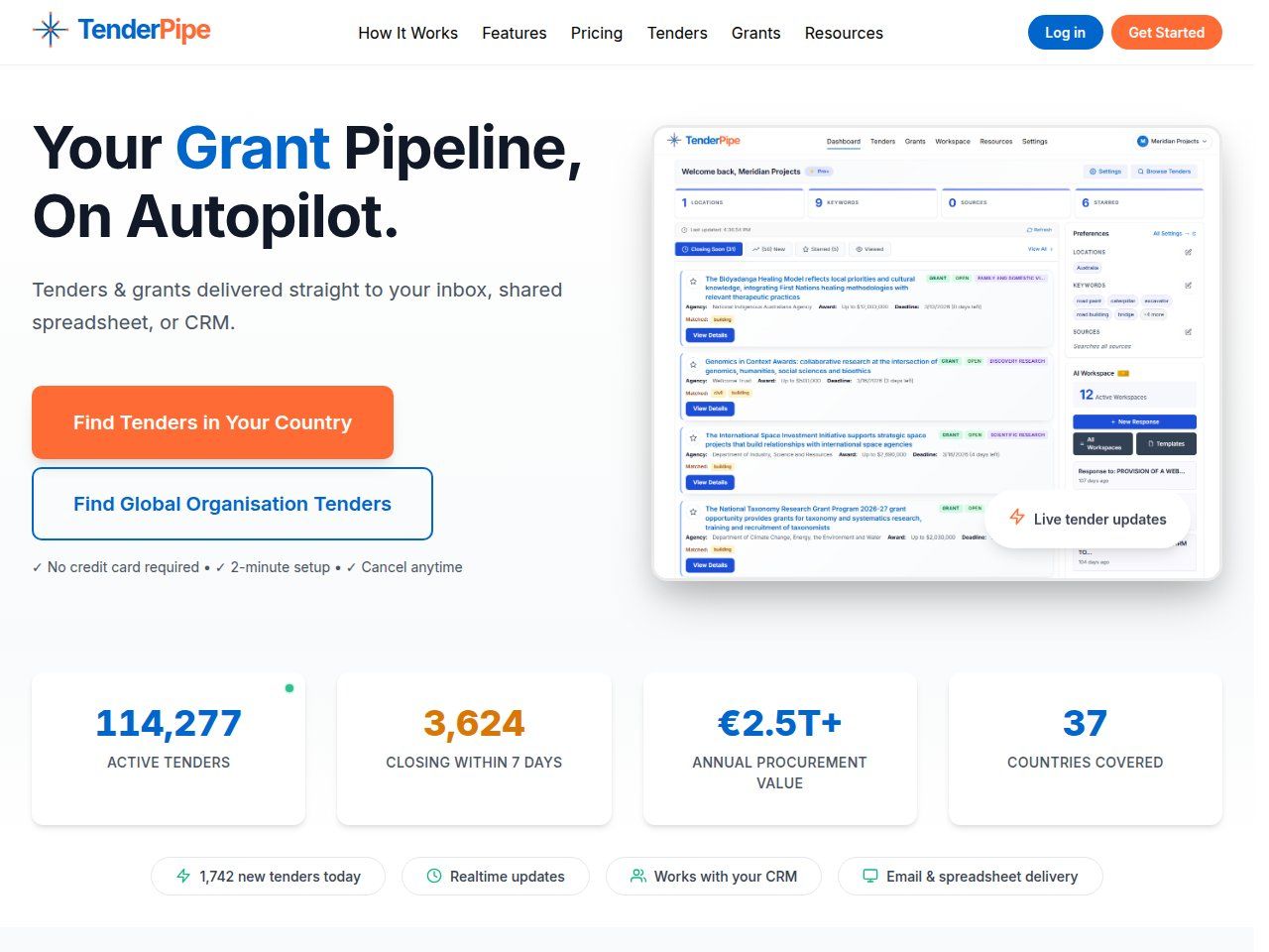 Grant pipeline hero with live counters for active tenders, closing deadlines and countries covered