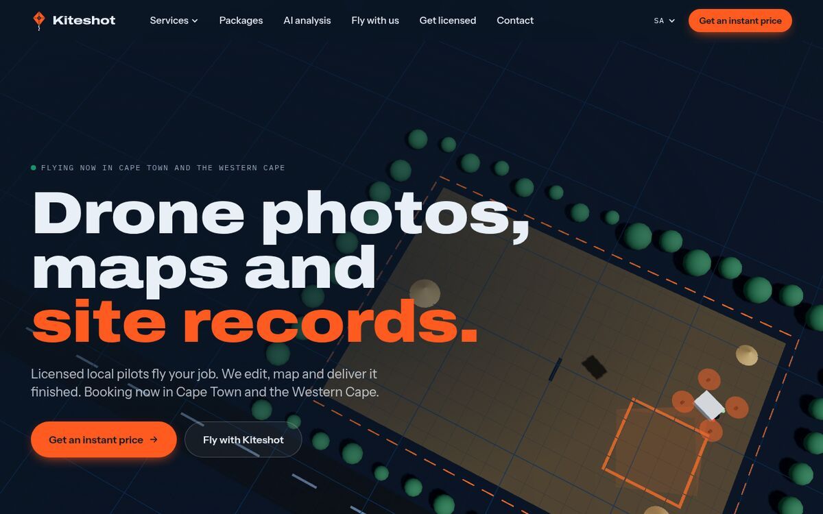 Dark hero with Get an instant price button and navigation for services, packages and AI analysis