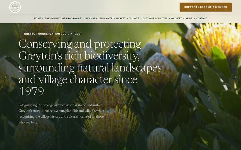 Protea and sunbird hero with a Support / Become a Member button and programme navigation