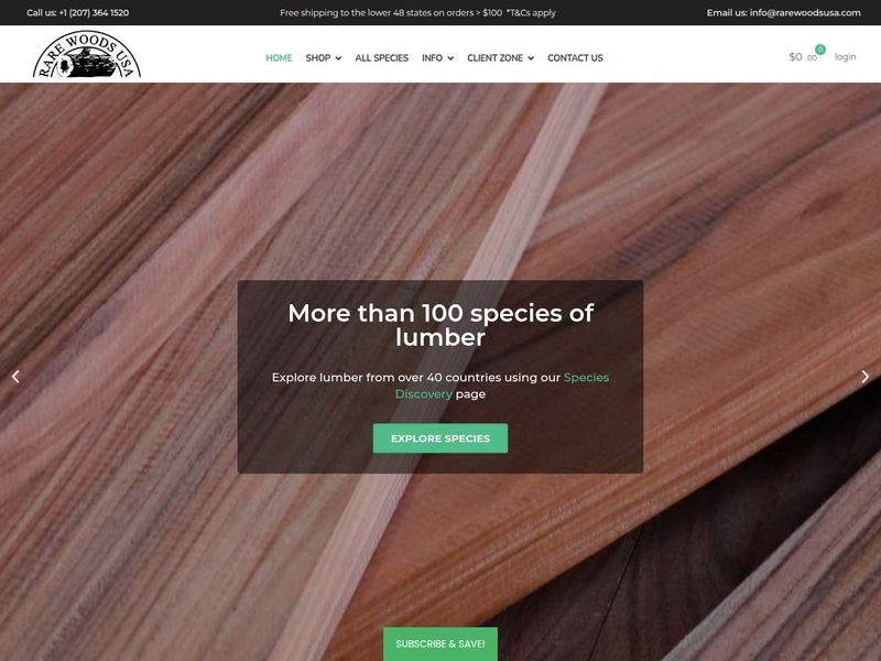 Lumber grain hero with Explore Species button, free shipping banner and cart in the header