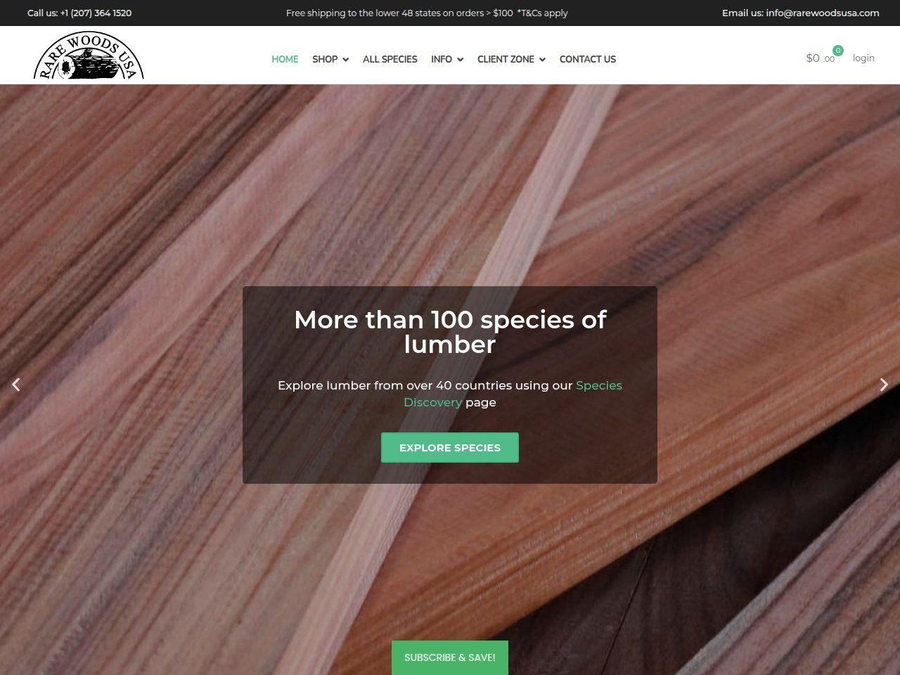 Lumber grain hero with Explore Species button, free shipping banner and cart in the header
