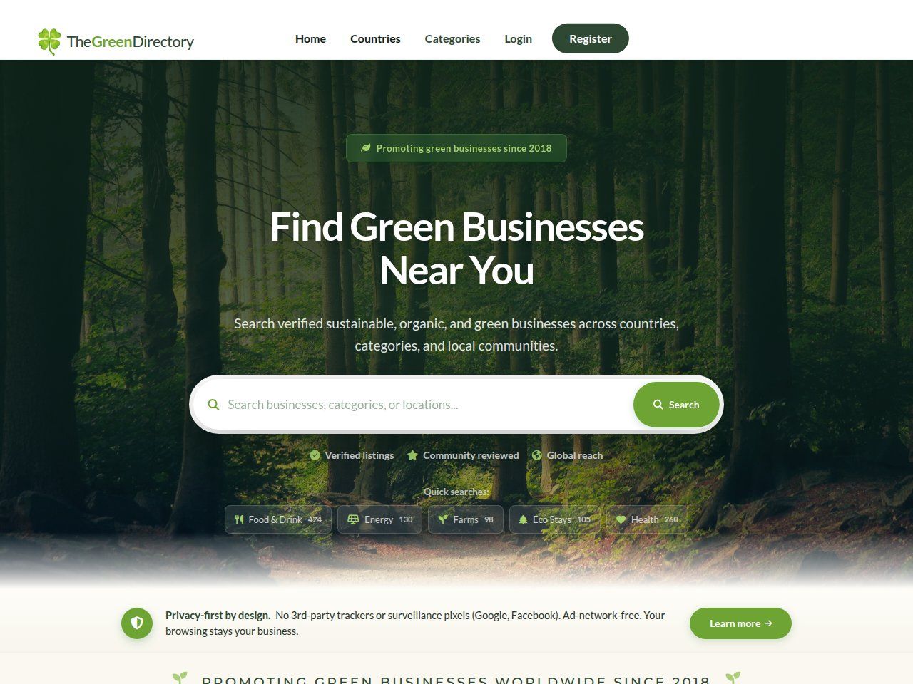 Find Green Businesses Near You search above a privacy-first, no-trackers notice banner