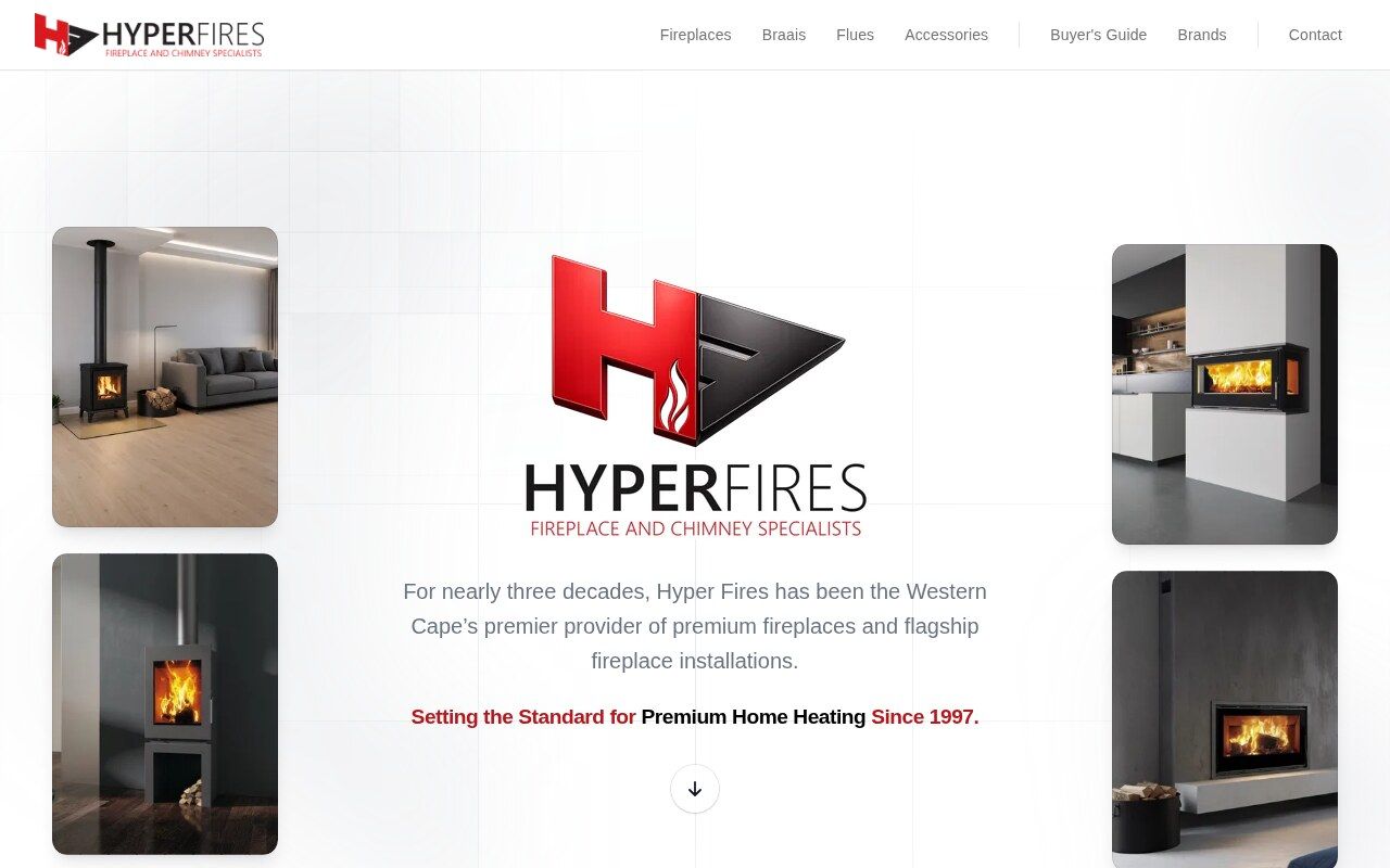 Hyper Fires landing view with fireplaces, braais, flues and buyer's guide menu above the logo