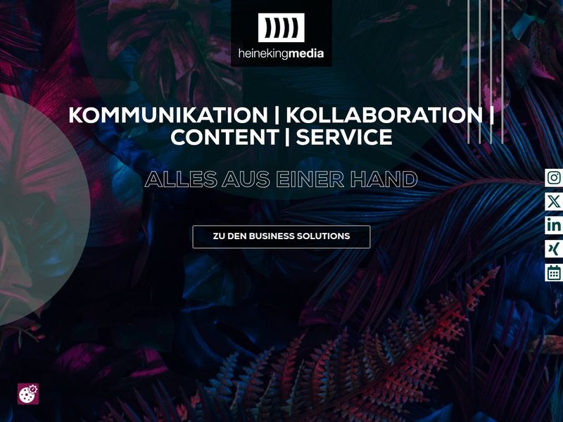 Dark foliage landing screen with the Alles aus einer Hand slogan and Business Solutions button