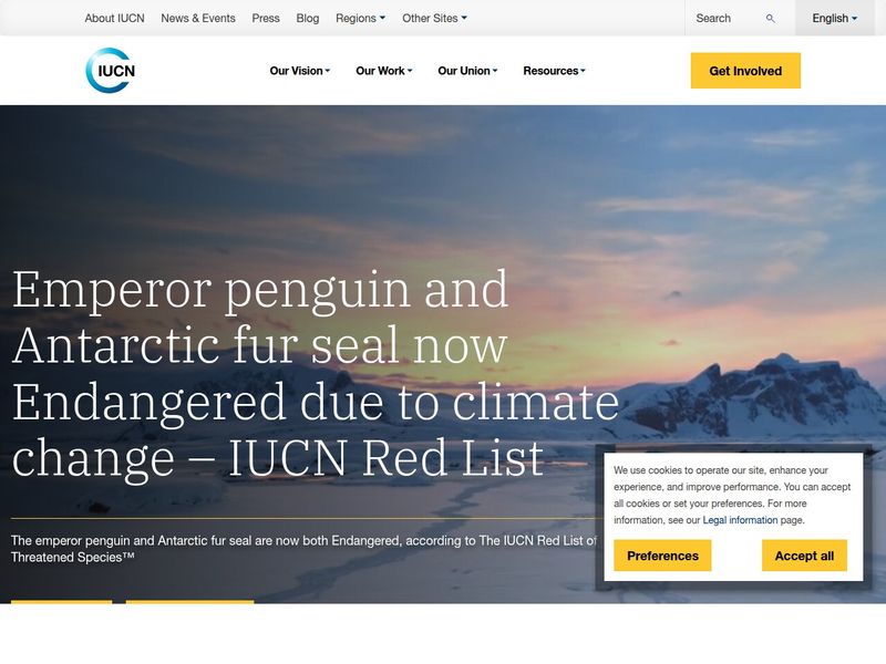 Red List news hero over a snowy Antarctic coastline, with Get Involved button and cookie notice