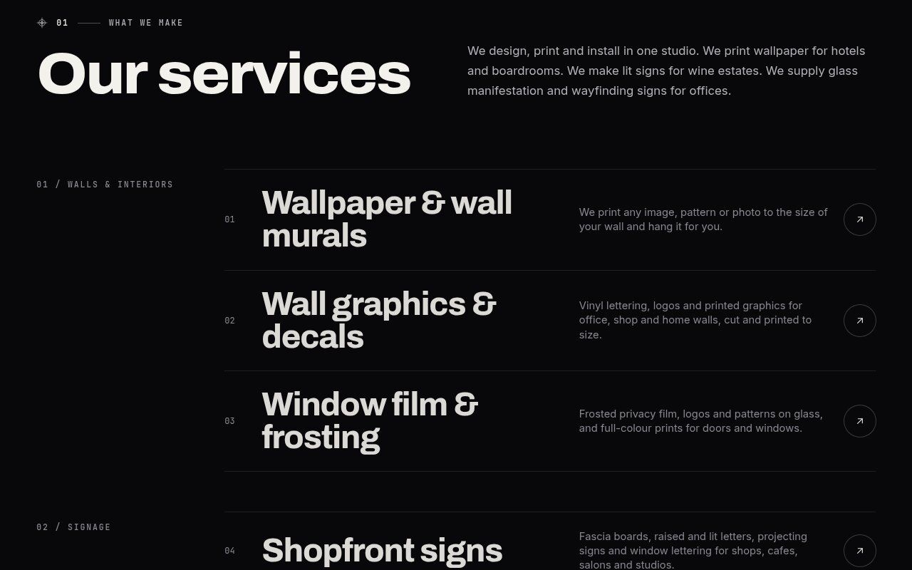 Services list grouped into walls and interiors and signage, with a short description of each service