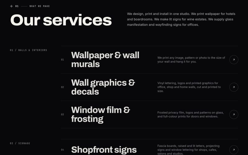 Services list grouped into walls and interiors and signage, with a short description of each service