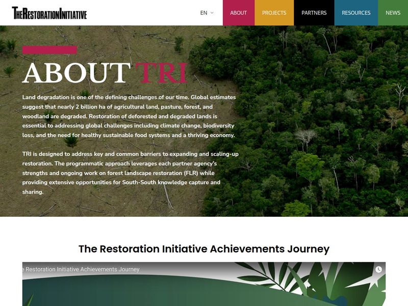 About TRI page over an aerial view of forest edge beside cleared, degraded land