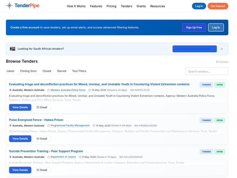 Browse Tenders listing with filter tabs, search box and open Western Australian tender cards