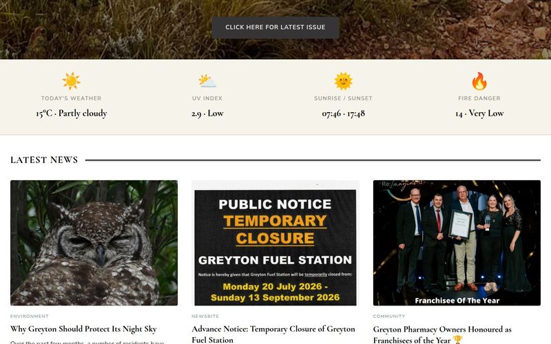 Village widgets for weather, UV index, sunrise and fire danger above latest news cards