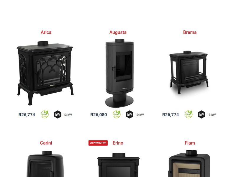 Stove catalogue grid listing Arica, Augusta and Brema models with rand prices and kW ratings