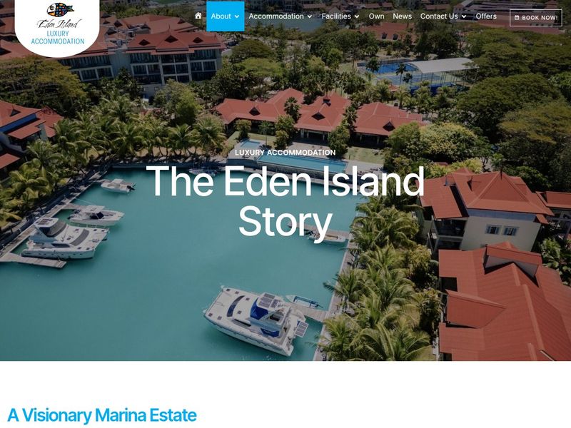 The Eden Island Story page with an aerial marina, moored catamarans and red-roofed villas