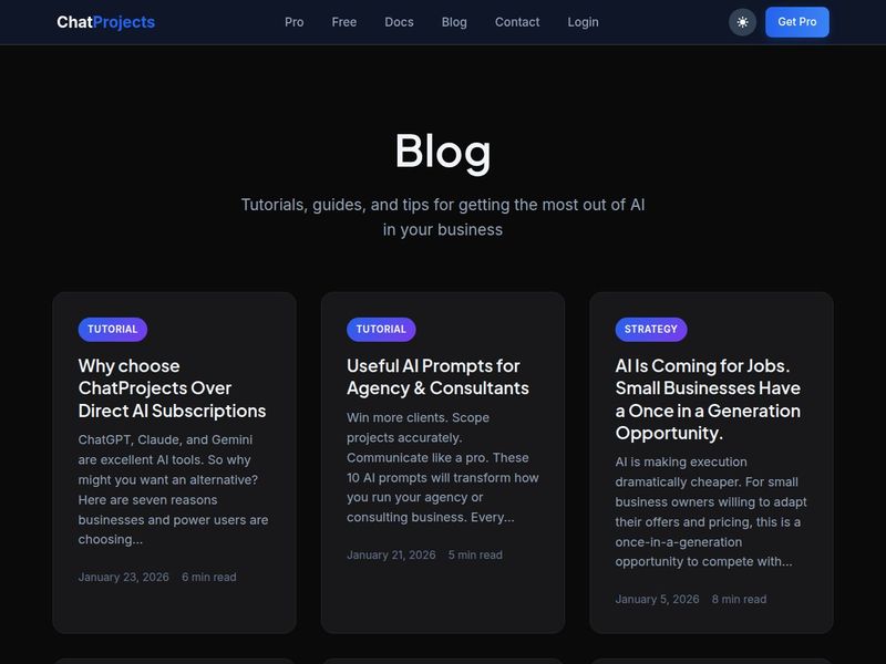 Dark blog index with tutorial and strategy cards about using AI in business