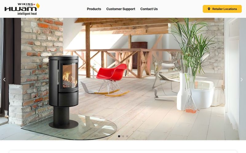 Slider photo of a black pedestal wood stove in a bright loft with brick walls