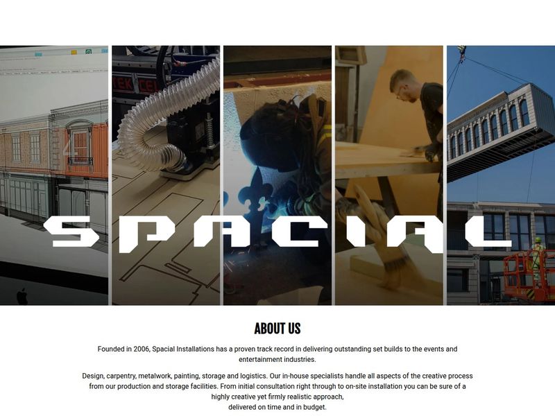 About Us section with workshop photos of CAD design, CNC cutting, welding and crane lifts