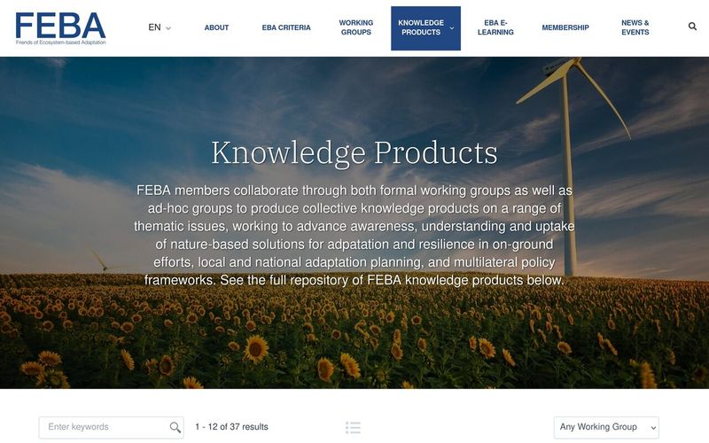 Knowledge Products page over a sunflower field and wind turbine, with keyword search