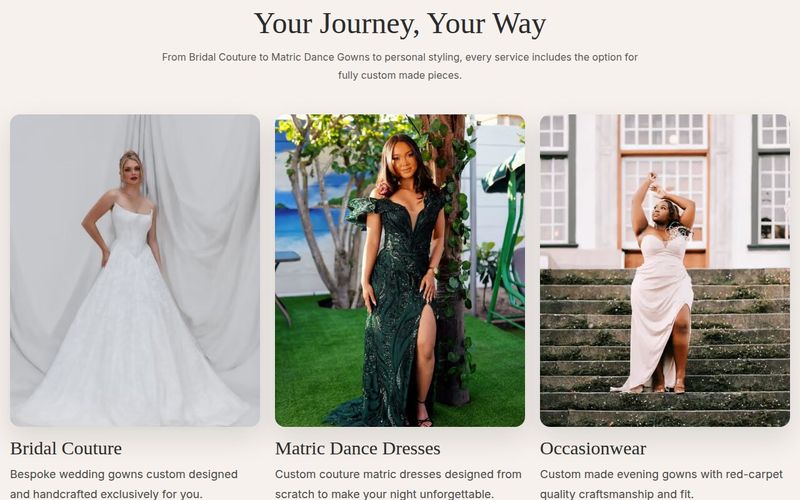 Section of service cards for bridal couture, matric dance dresses and occasionwear