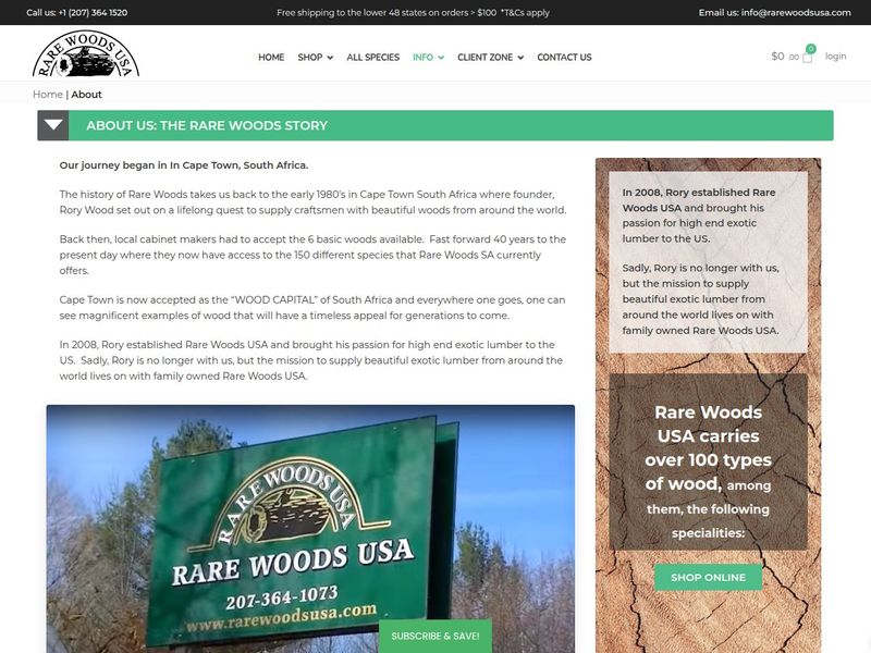 About Us page telling the Rare Woods story from Cape Town, with a roadside sign photo