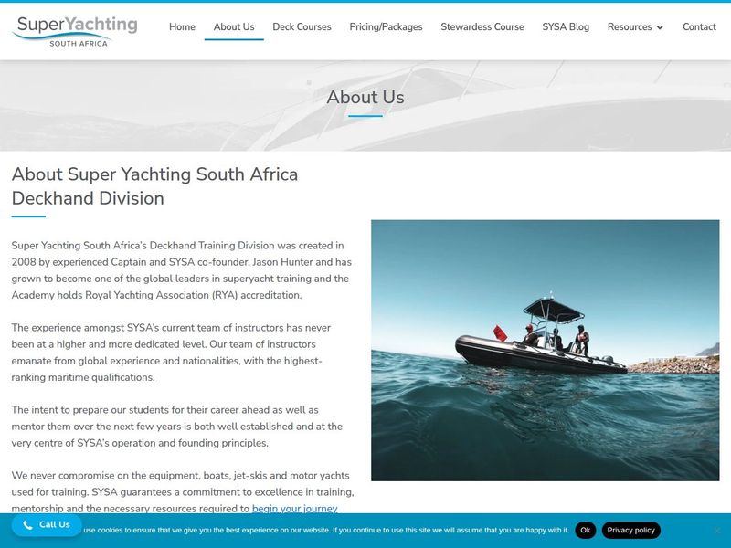 About Us page describing the deckhand division beside a RIB training boat photo