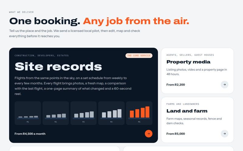 Service cards for site records, property media and land mapping with starting prices in rand