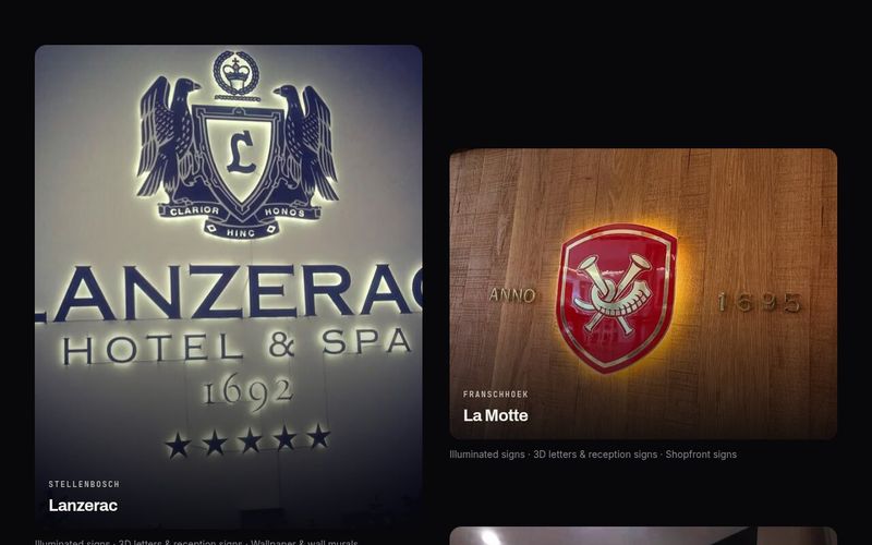 Selected work cards for the lit Lanzerac Hotel and Spa sign in Stellenbosch and the La Motte crest in Franschhoek