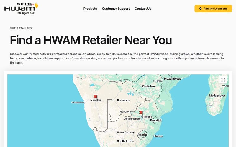 Find a HWAM Retailer Near You page with a map of southern Africa and pins