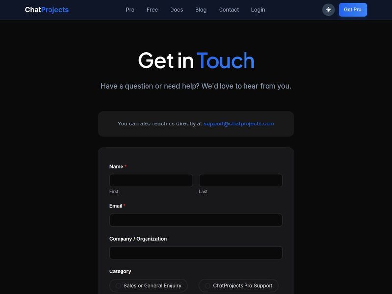 Get in Touch contact form with name, email, company and support category fields