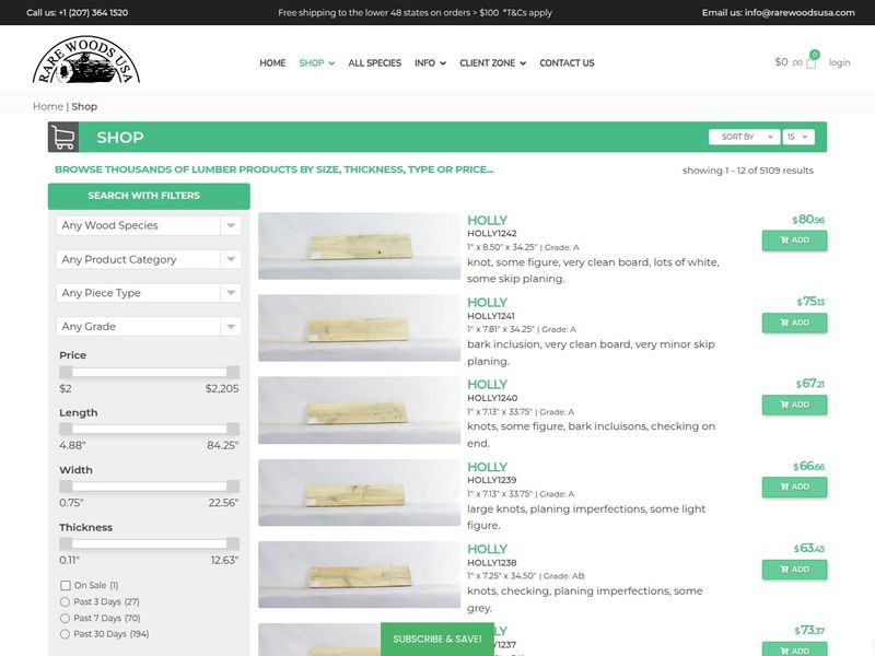 Shop page with species, grade, price and size filters beside priced holly boards