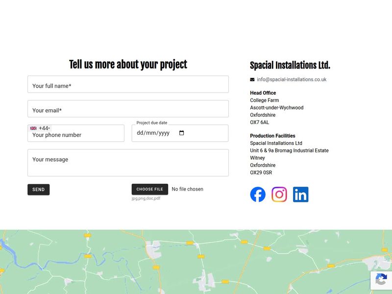 Project enquiry form with due date and file upload beside head office addresses