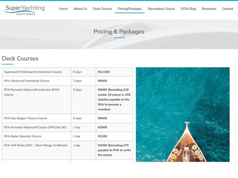Pricing and Packages table listing RYA deck courses with durations and rand prices