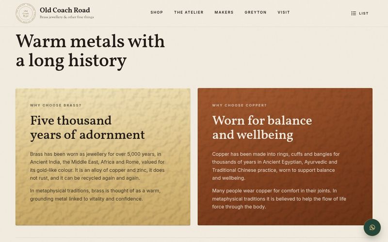 Warm metals section explaining the history of brass and copper jewellery