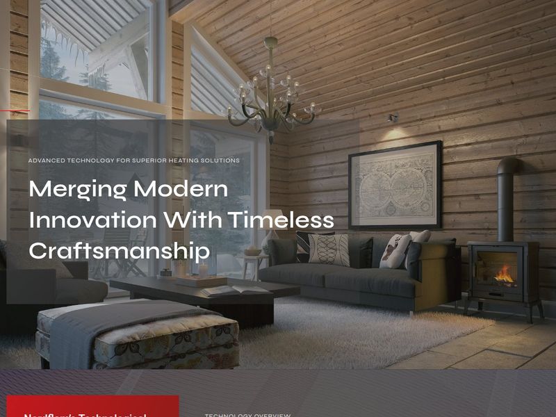 Merging modern innovation banner over a timber cabin lounge with a small wood stove