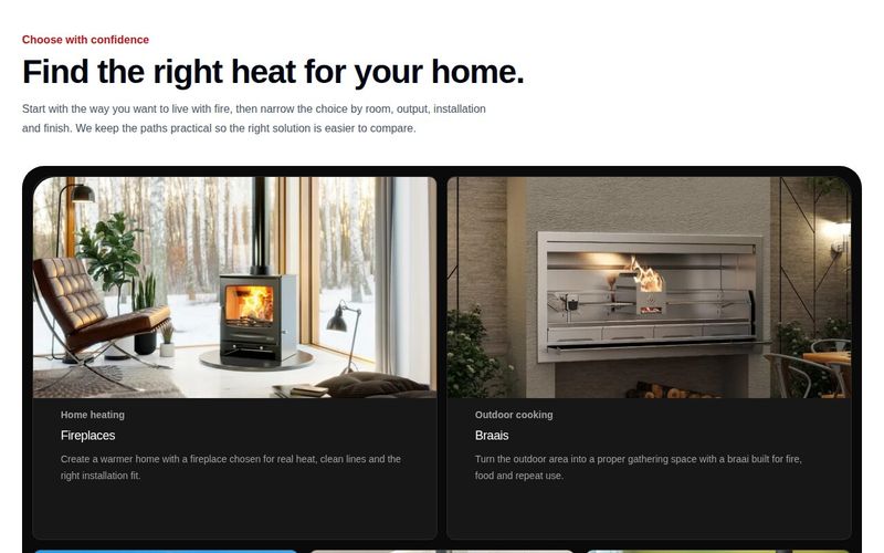 Find the right heat section comparing indoor fireplace and outdoor braai categories with lifestyle photos