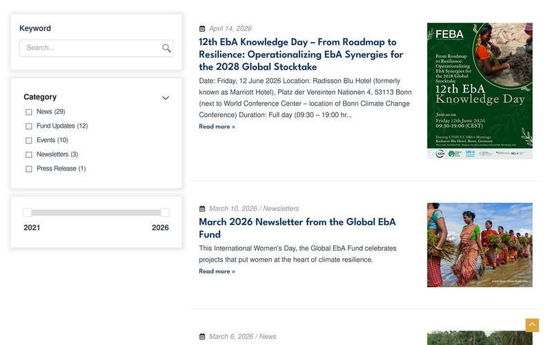 News listing with keyword search, category filters, year slider and dated EbA articles
