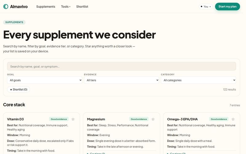 Supplement catalogue with search, filters by goal and evidence tier, and evidence ratings for each supplement