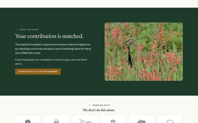 Rand for Rand donation-matching panel with a sugarbird among red wildflowers