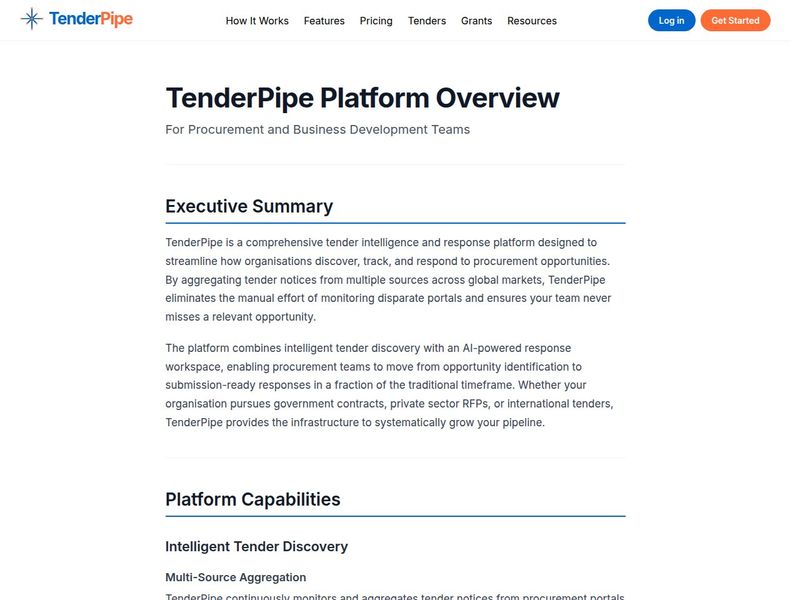 Platform overview page describing intelligent tender discovery and an AI-powered response workspace