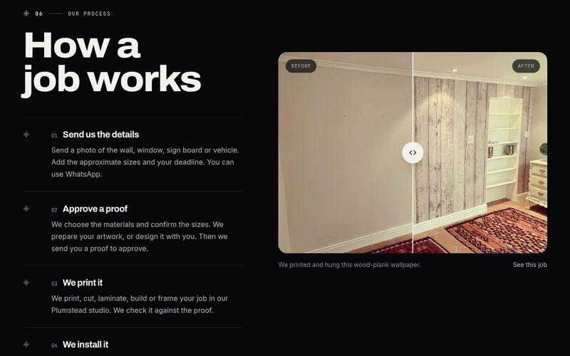 How a job works section with four steps and a before and after slider of a wood-plank wallpaper install
