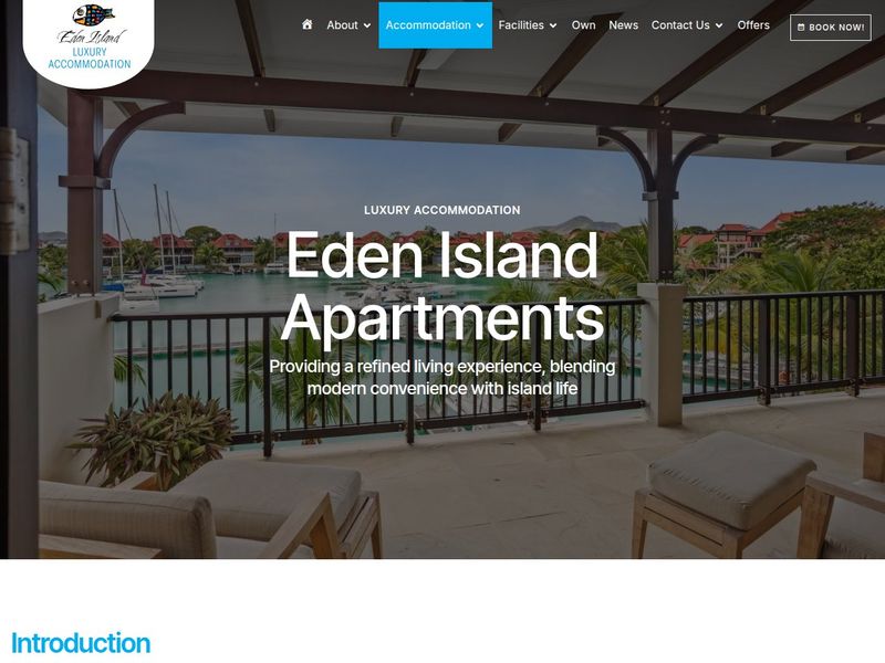 Eden Island Apartments page header framed by a covered balcony overlooking the marina