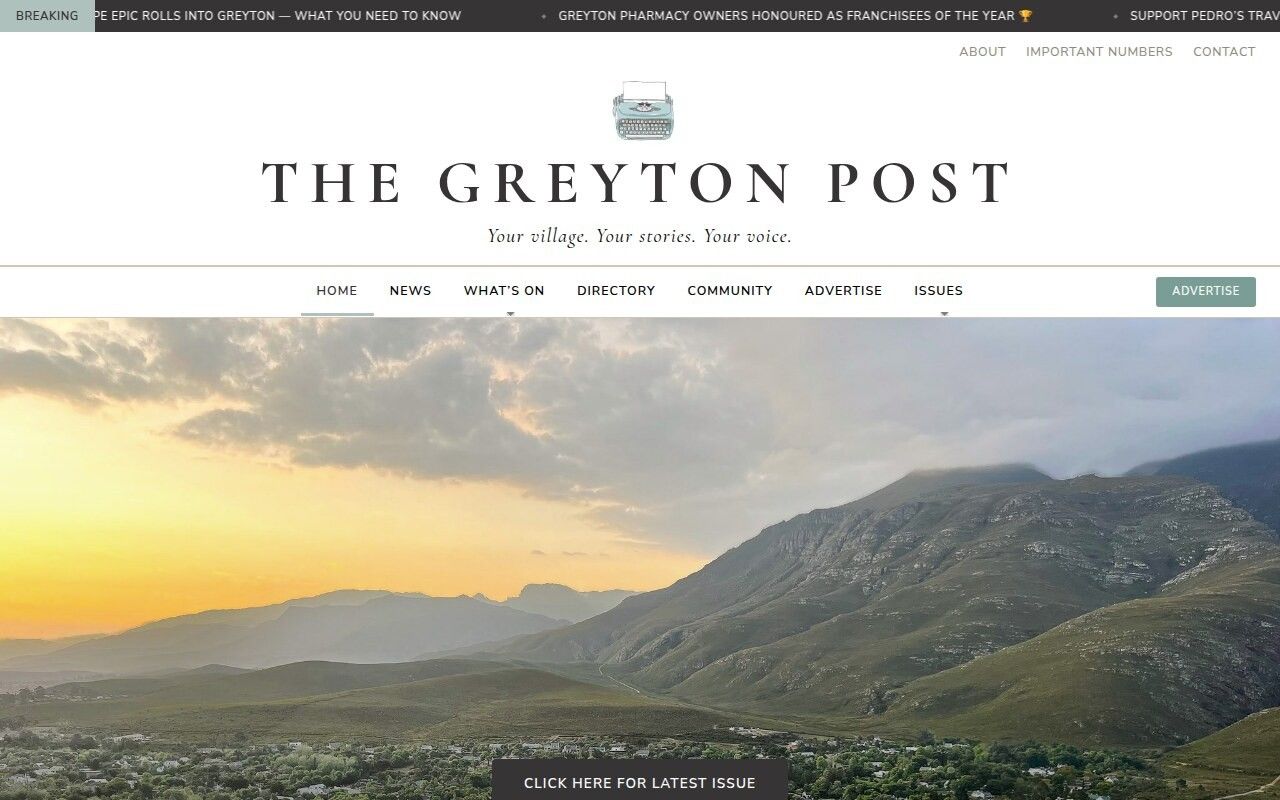 Greyton Post masthead with breaking-news ticker above a mountain sunset over the village