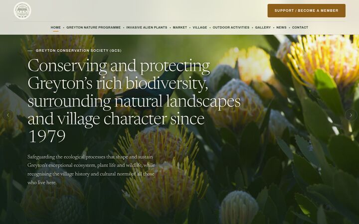 Greyton Conservation Society hero with a serif conservation headline over yellow pincushion proteas